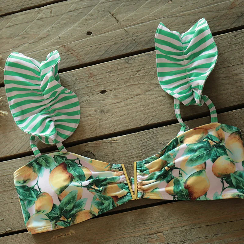 Conjunto de Bikini de dos piezas para mujer, traje de baño Floral con sujetador acolchado de realce, conjunto de Bikini con volantes, ropa de playa 2024