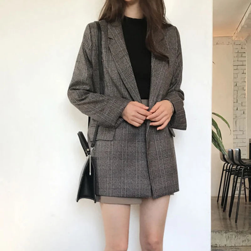 Mujer invierno Plaid Blazers abrigos moda coreana elegante sólido grueso chaqueta femenina doble botonadura Oficina abrigo largo para mujer