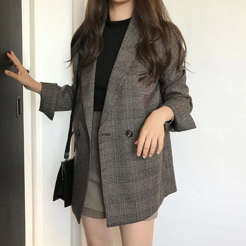 Mujer invierno Plaid Blazers abrigos moda coreana elegante sólido grueso chaqueta femenina doble botonadura Oficina abrigo largo para mujer