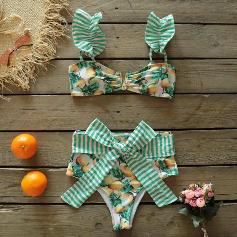 Conjunto de Bikini de dos piezas para mujer, traje de baño Floral con sujetador acolchado de realce, conjunto de Bikini con volantes, ropa de playa 2024
