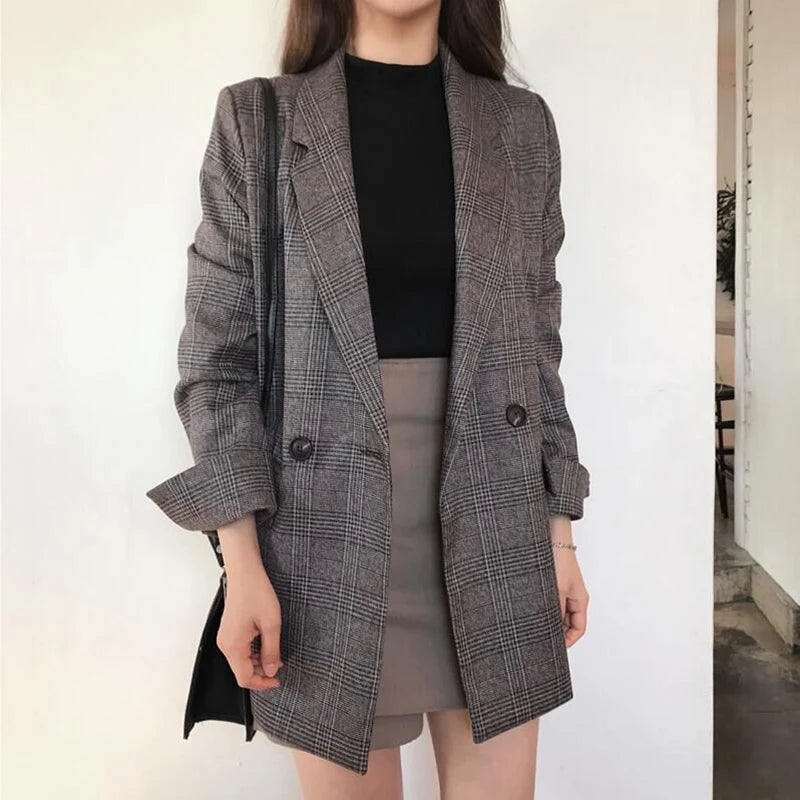 Mujer invierno Plaid Blazers abrigos moda coreana elegante sólido grueso chaqueta femenina doble botonadura Oficina abrigo largo para mujer